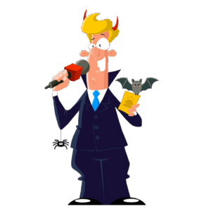 Buzz_Halloween Mascotte de Quiz Boxing, déguisé de façon à ressembler à un vampire.