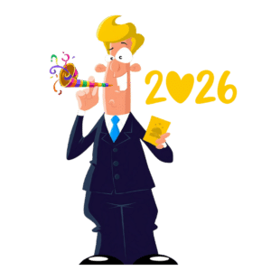 Mascotte de Quizboxing qui tiens un sifflet de nouvelle année